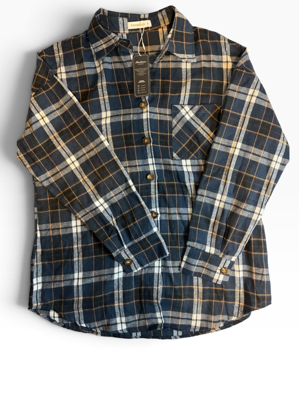 Fantaslook Women’s Plaid Flannel Shirt Medium NWT Navy Blue Button Down